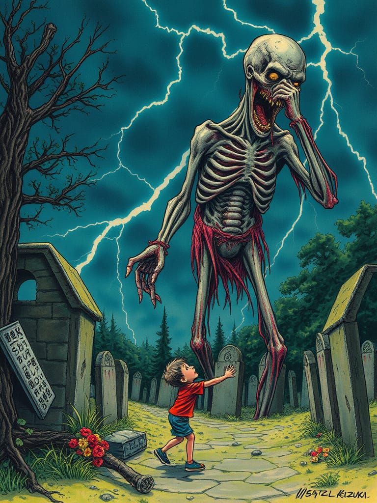 Horror Scene: Giant Zombie Grabs Child in Midnight Storm