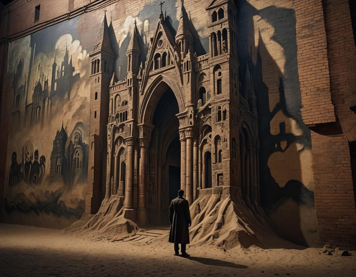 Sand Cathedral Mural in Dim Alley: Surrealist Art