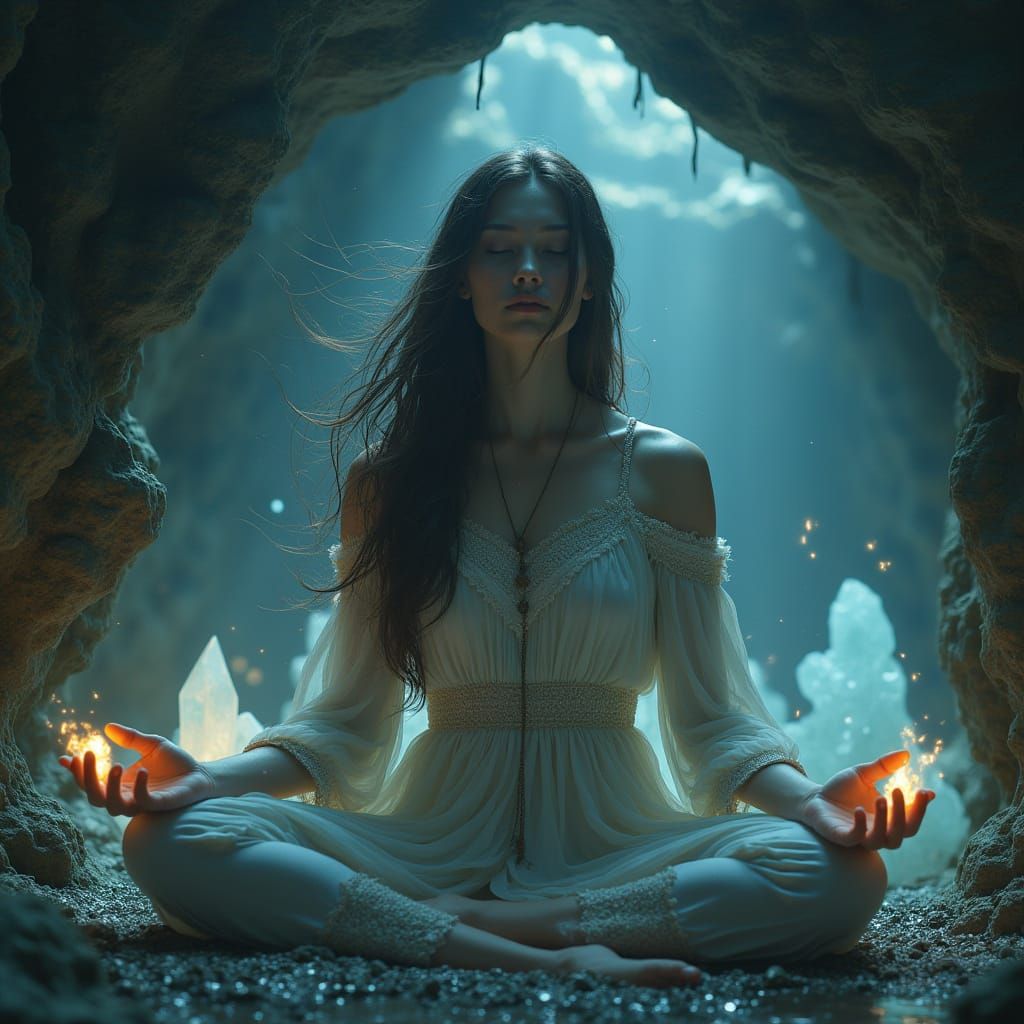 Nordthra Seeress Meditating in Crystal Grotto