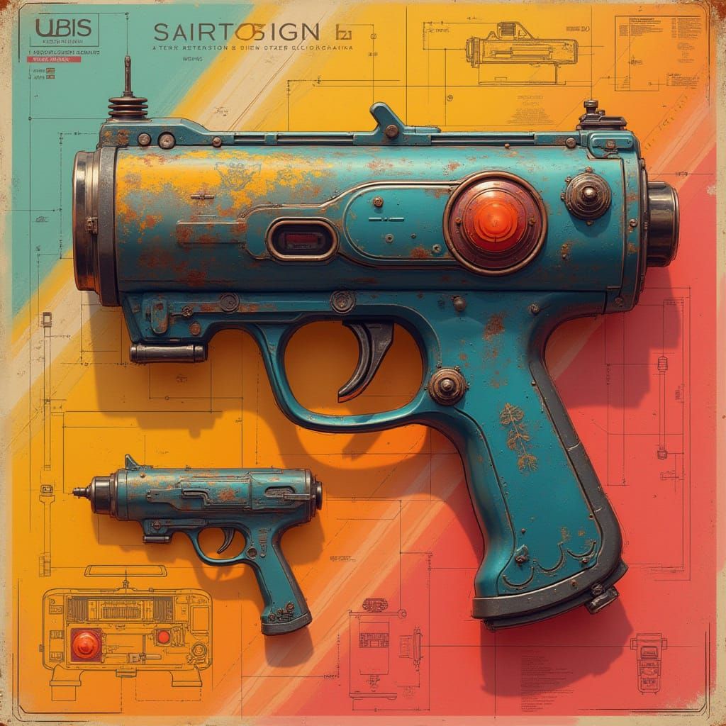 Retro Futuristic Ray Gun Schematics in Detailed Matte Painte...