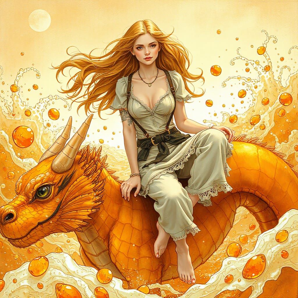 Woman on Gummy Dragon in Effervescent Sea