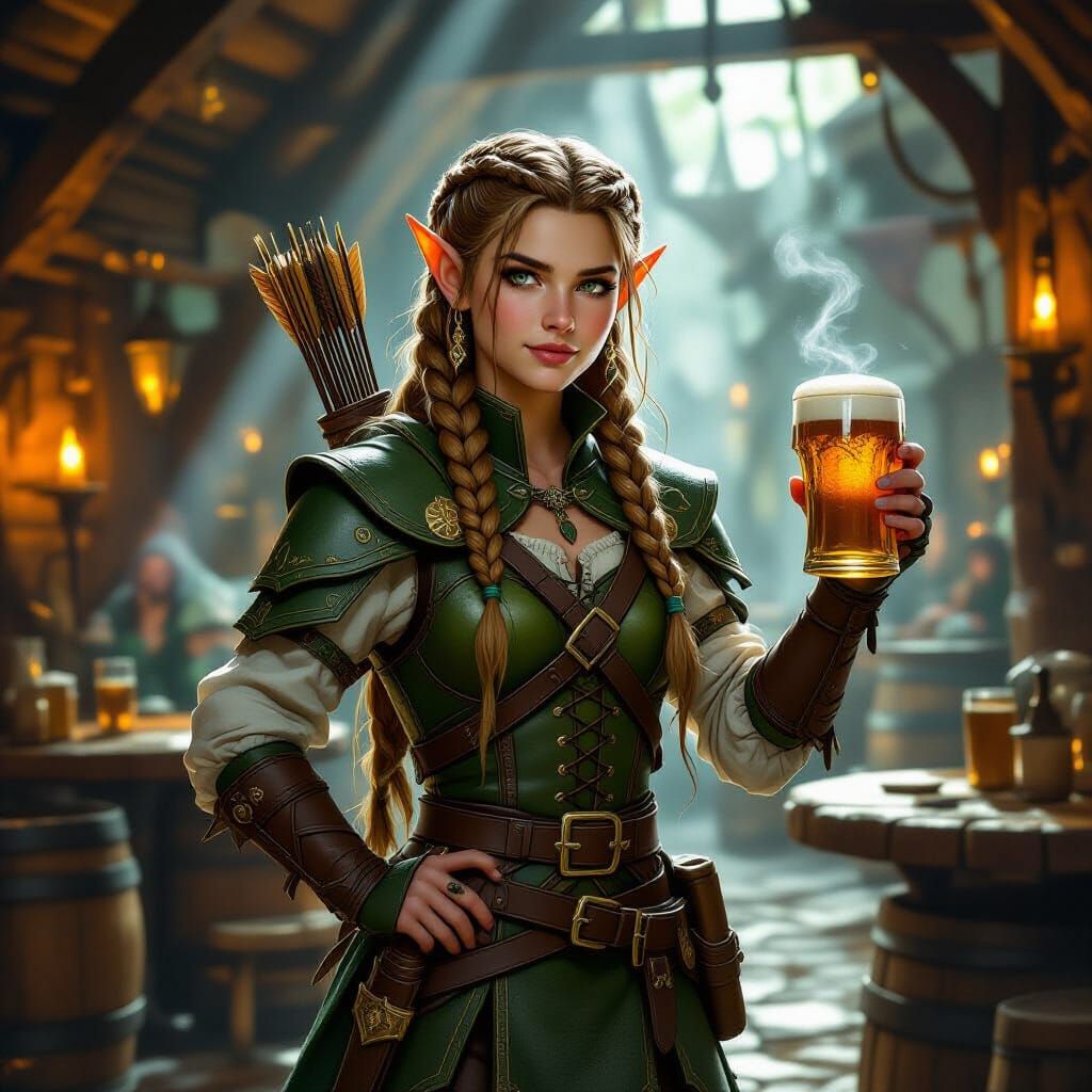 Elven Archer with Beer in Rustic Tavern Fantasy Art