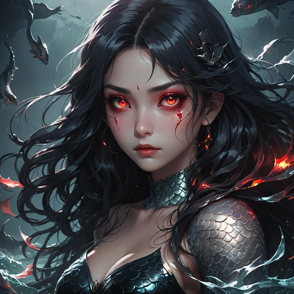 Menacing Evil Mermaid in Dark Fantasy Anime Style