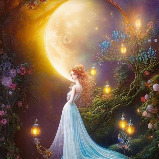 Moon Fairies Embrace in Gilded Storybook Illustration