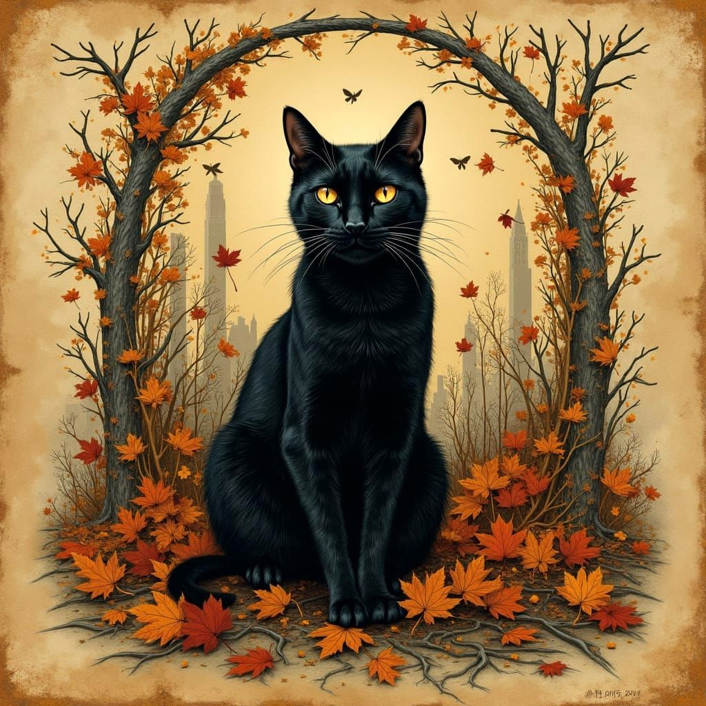 Black Cat in Autumn Ruins with Zentangle Border