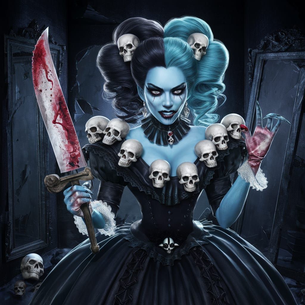 Gothic Miss Murder with Icy Blue Skin and Skulls