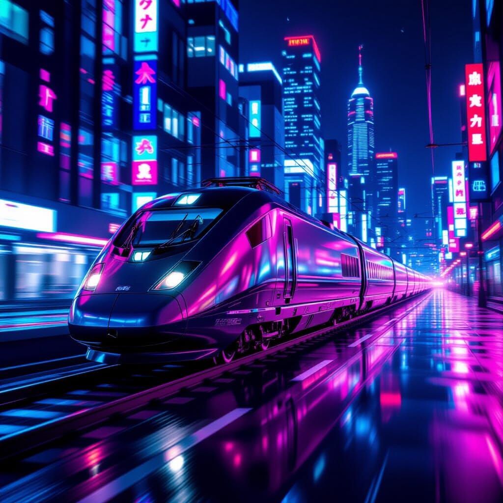 Futuristic Bullet Train in Neon Cyberpunk Cityscape