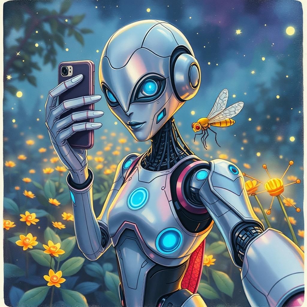 Robot Selfie with Fireflies in Whimsical Style