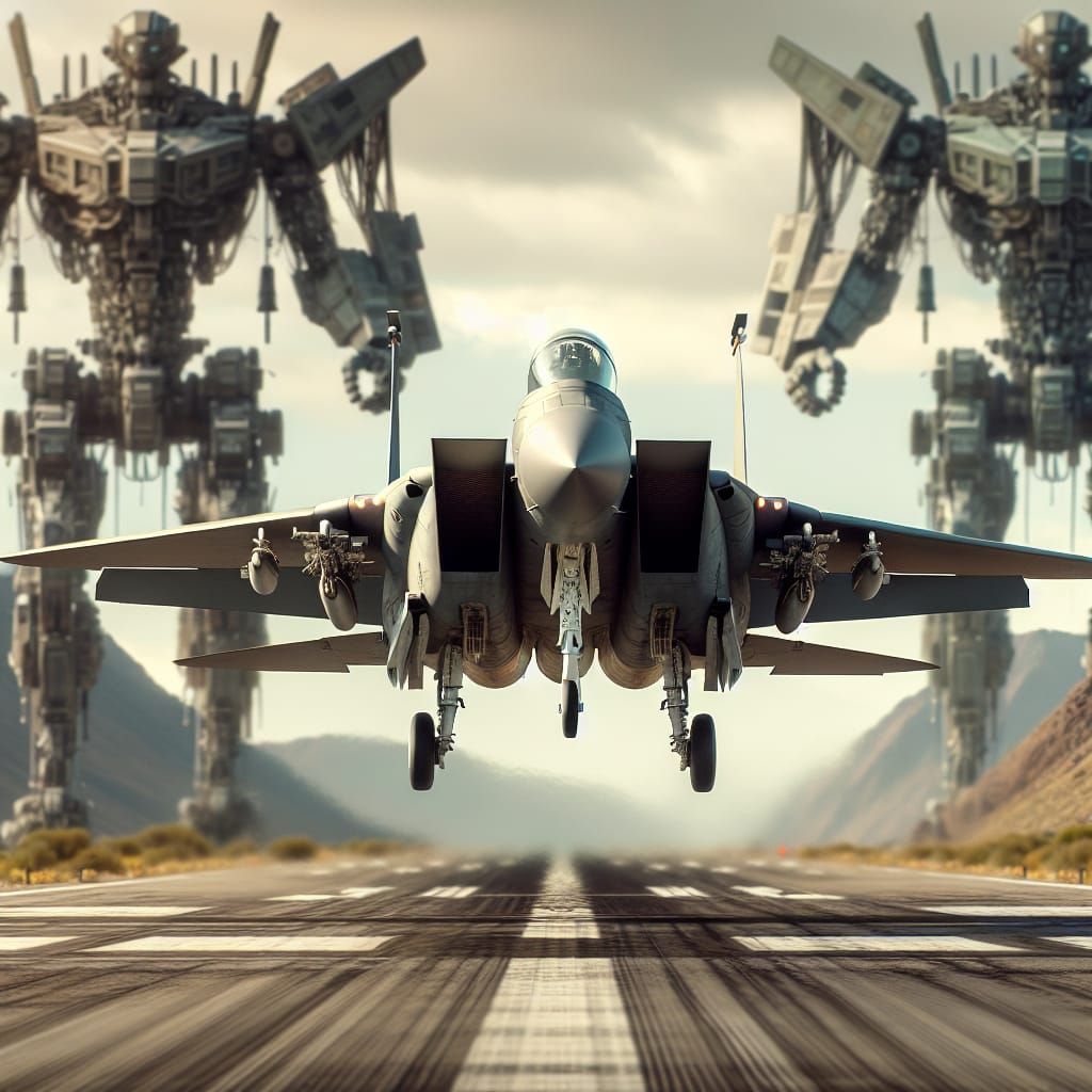 F-15 Fighter Jet Taking Off with Mechs