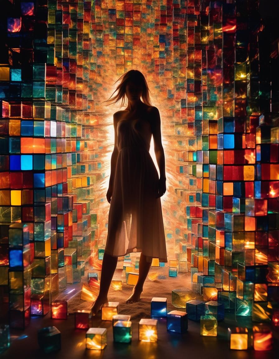 Woman Exploding into Colorful Glass Cubes