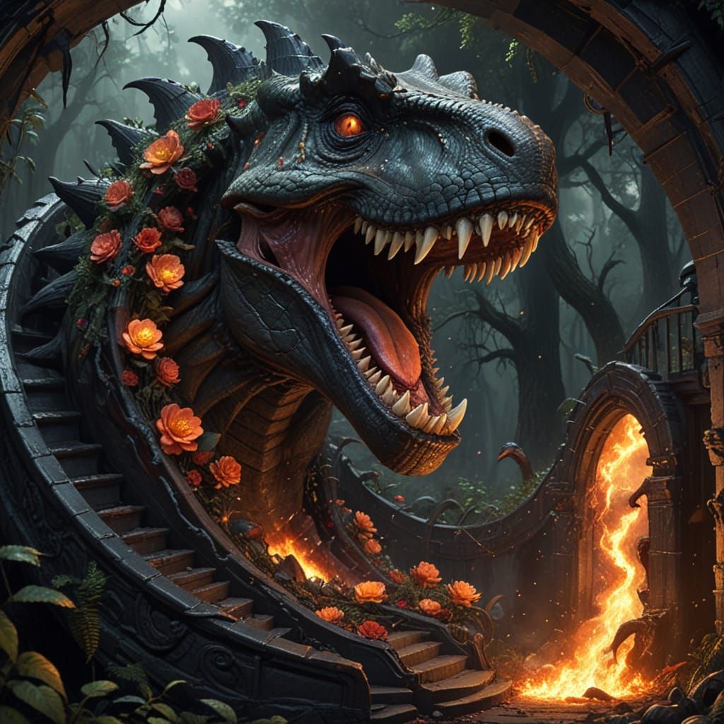 Surreal Vortex of Black Roses in a Melting 3D Stairway