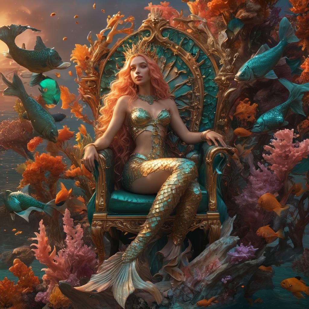 Mermaid Queen on Coral Throne at Sunset