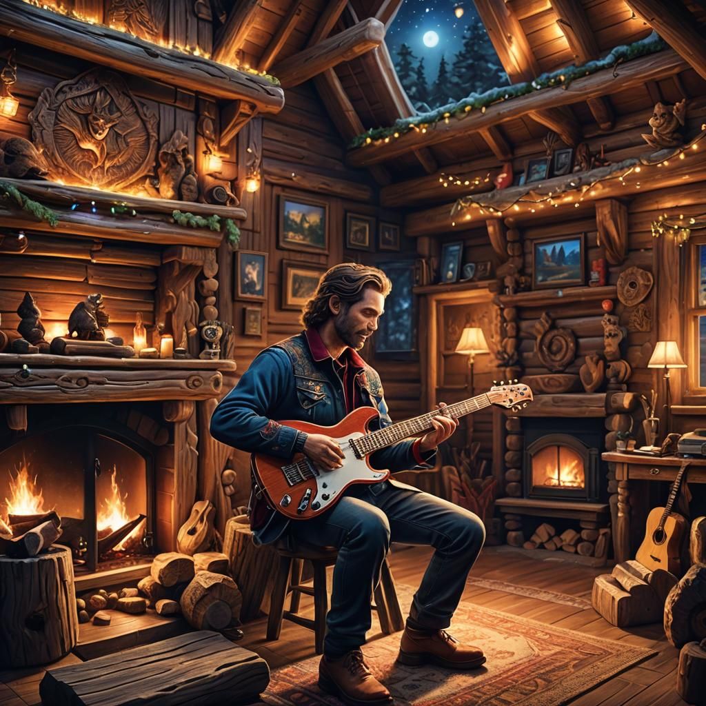 Fantasy Musician in Whimsical Log Cabin Setting