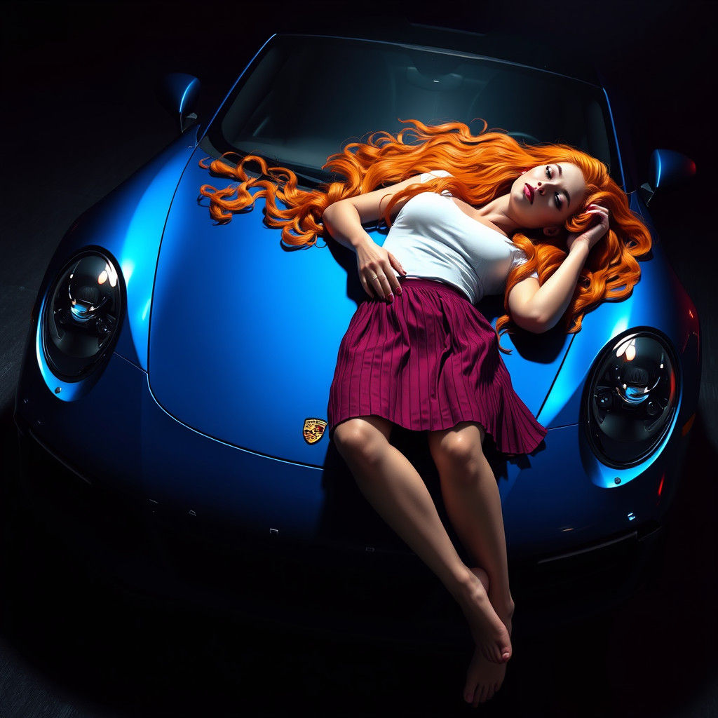 Woman on Electric Blue Porsche, Fantasy Concept Art