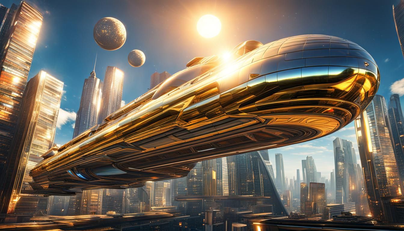 Futuristic Chrome and Gold Space Buildings in the Sky