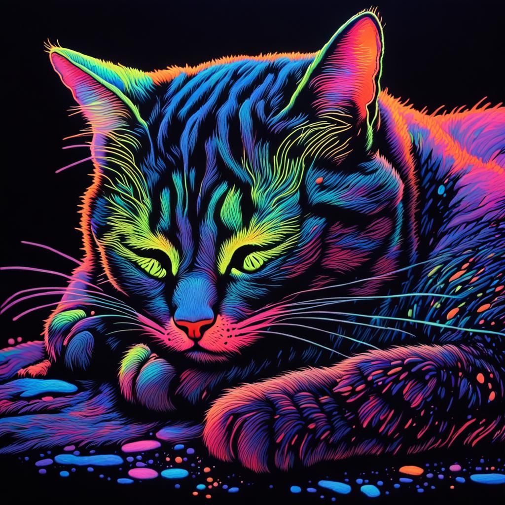 Neon Cat Stretching in Blacklight