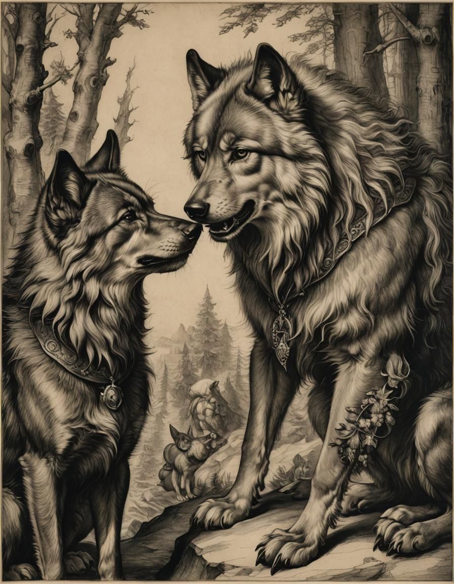 Dwarf and Wolf in Charcoal Drawing Style