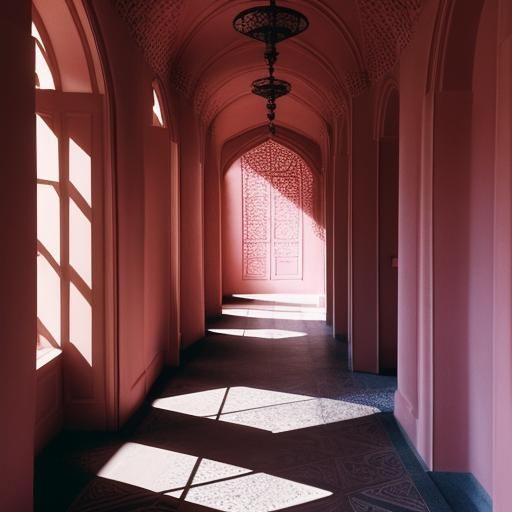 Pink Sandstone Castle Hallway with Shadow Patterns