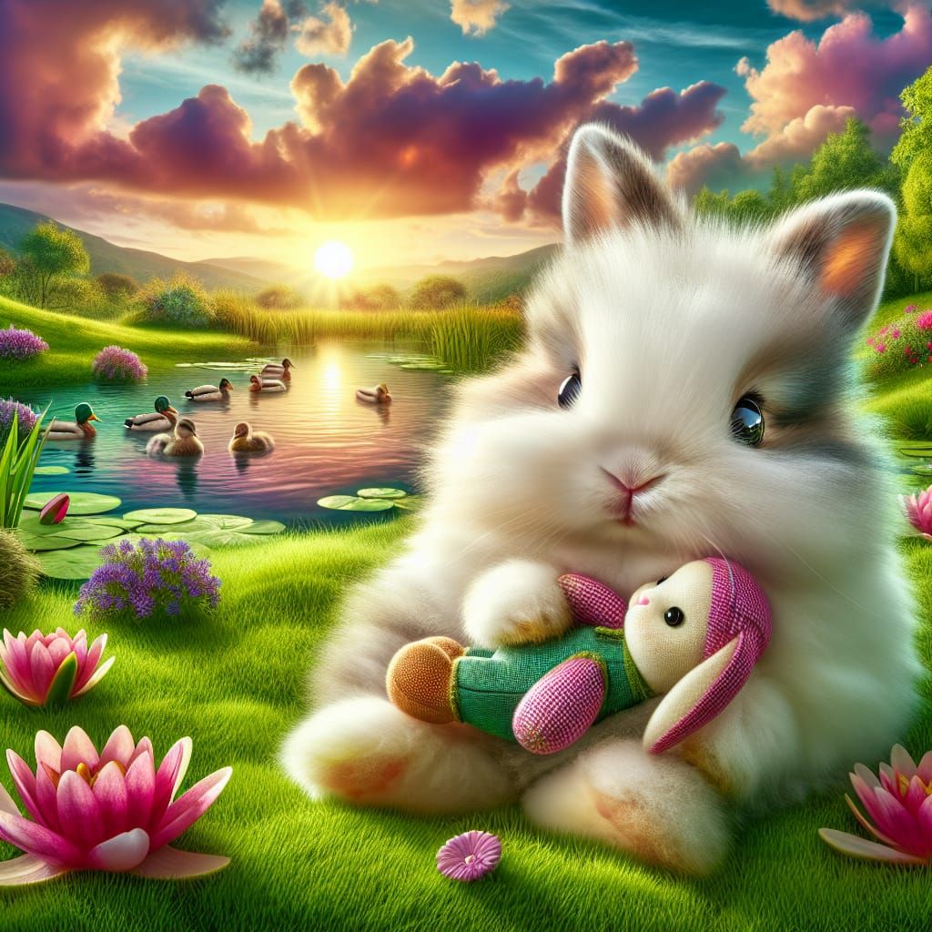 Adorable Rabbit with Doll in Sunny Duck Pond