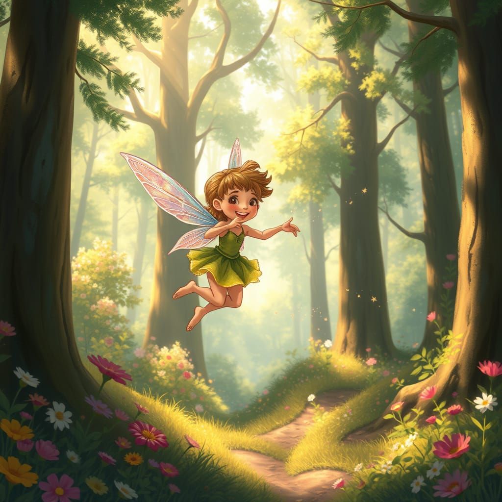 Pixie Dances in Enchanted Forest, Fantasy Art