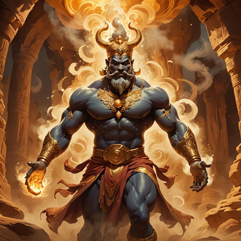 Majestic Golden Genie Emerges in Mystical Cave