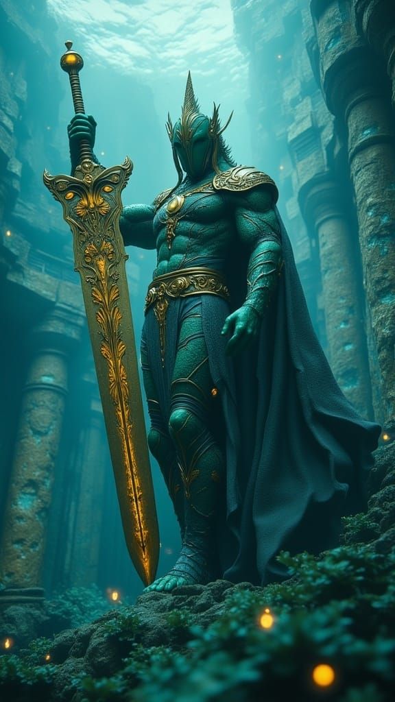 Merman King Wields Golden Sword in Sunken Ruins of Ancient C...