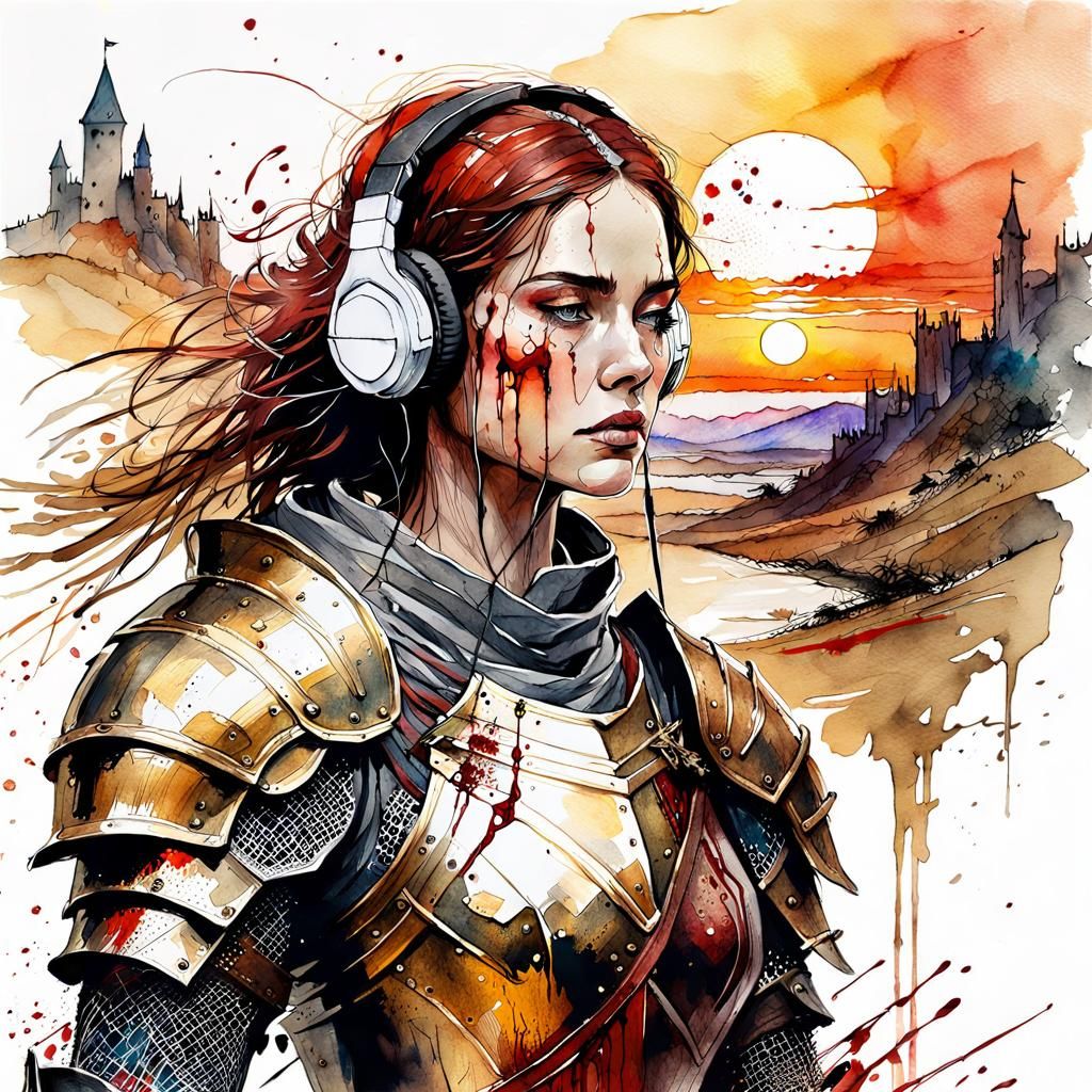Woman Knight in Armor with Headphones: Digital Watercolor