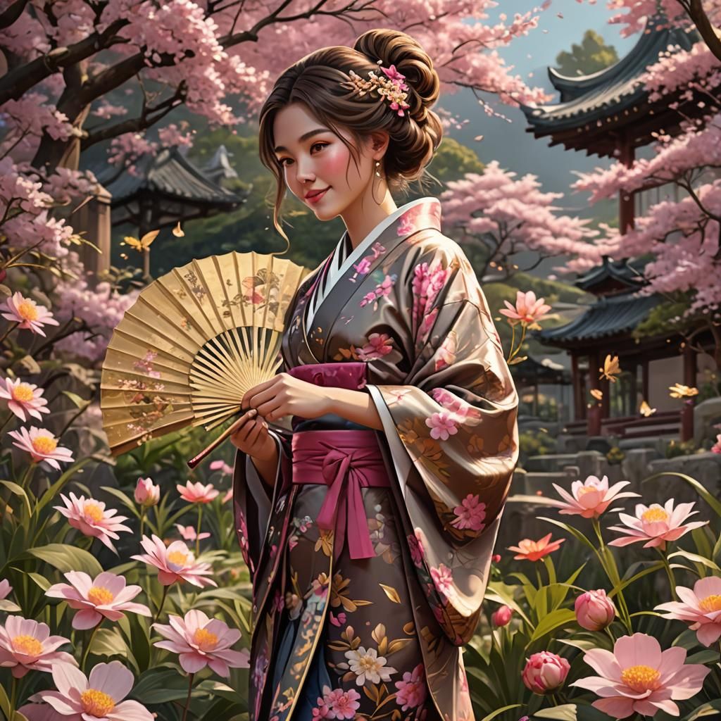 Smiling Woman in Kimono in Fantasy Flower Garden