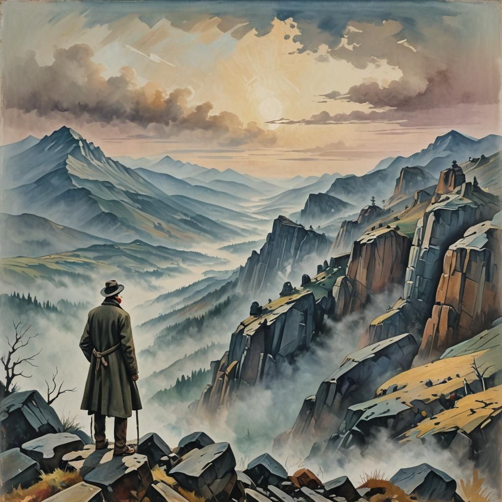 Expressionist Traveler Gazing Over Misty Mountain Range