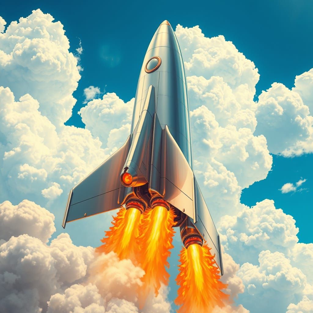 Sleek Rocket Ship Blasts Off into Cosmic Skies
