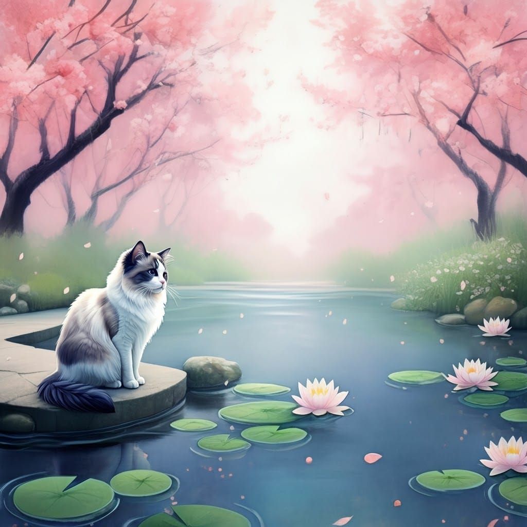 Serene Cat Contemplates Cherry Blossoms in Traditional Japan...