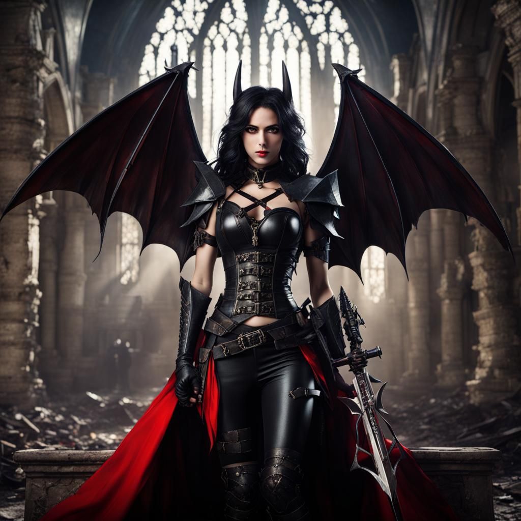 Succubus in Ruined Church with Crossbow