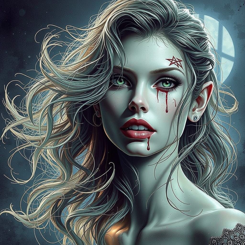 Dark Fantasy Woman with Pointed Teeth and Green Eyes