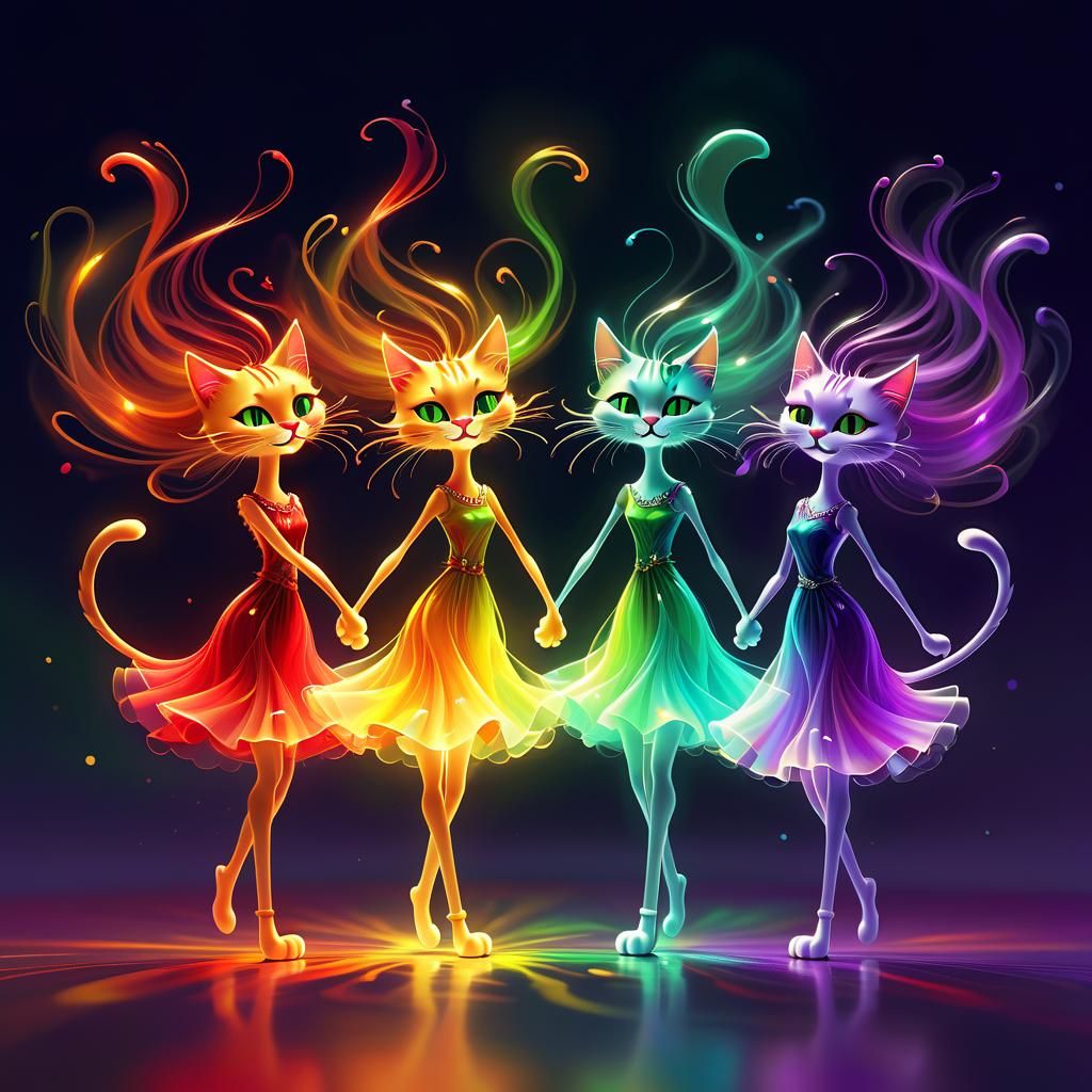 FOUR ecstatic tall thin female cat stick figures, distinctively feline, with wild, long wispy, flowing hair, swept high ...