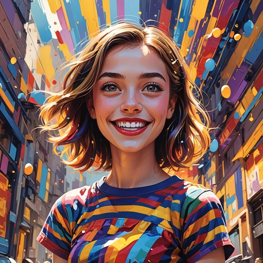 Woman with Bubbly Smile in Red and Yellow Style