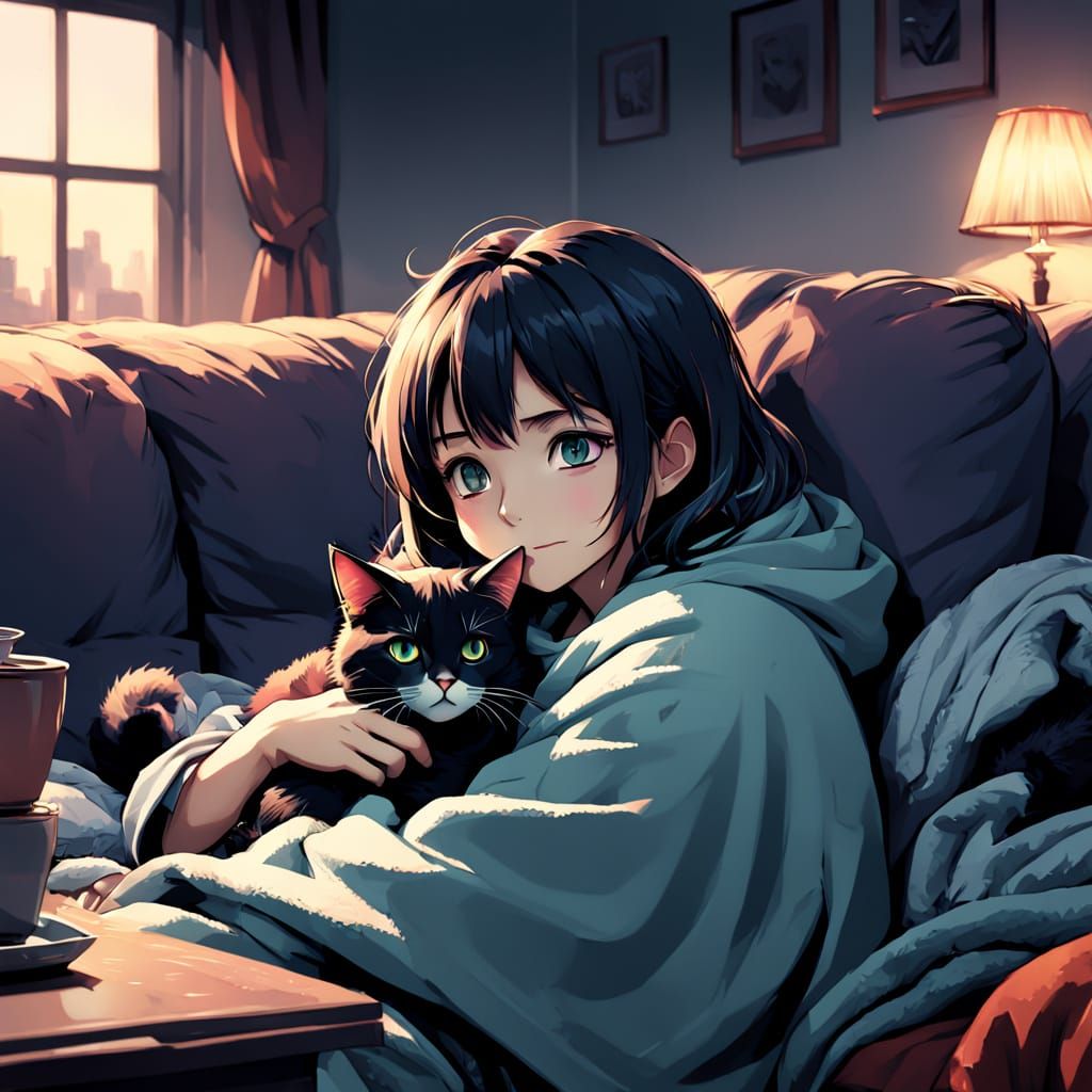 Cozy Anime Scene with Cat and Soft Pastel Colors