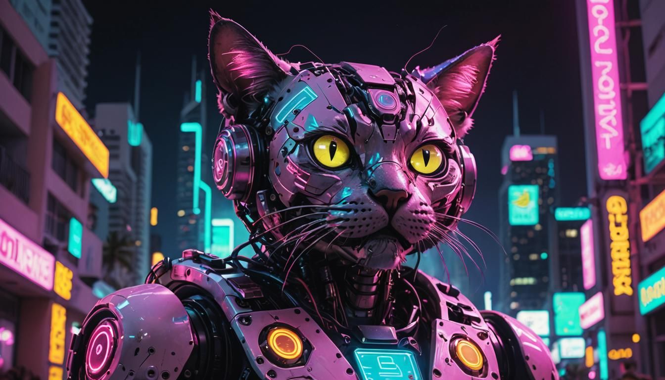Biopunk Robot Cat Portrait with Neon Glow