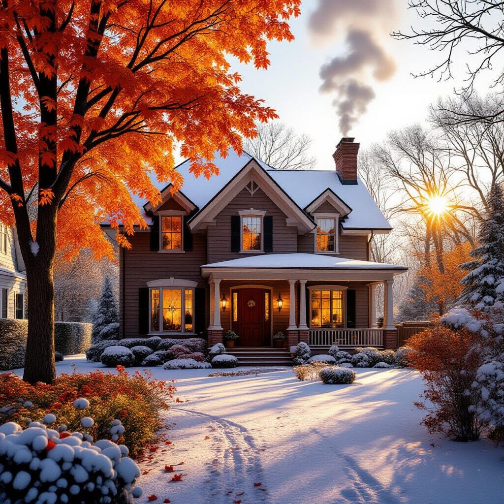 Cozy Autumn Home with Early Snowfall in Golden Hour