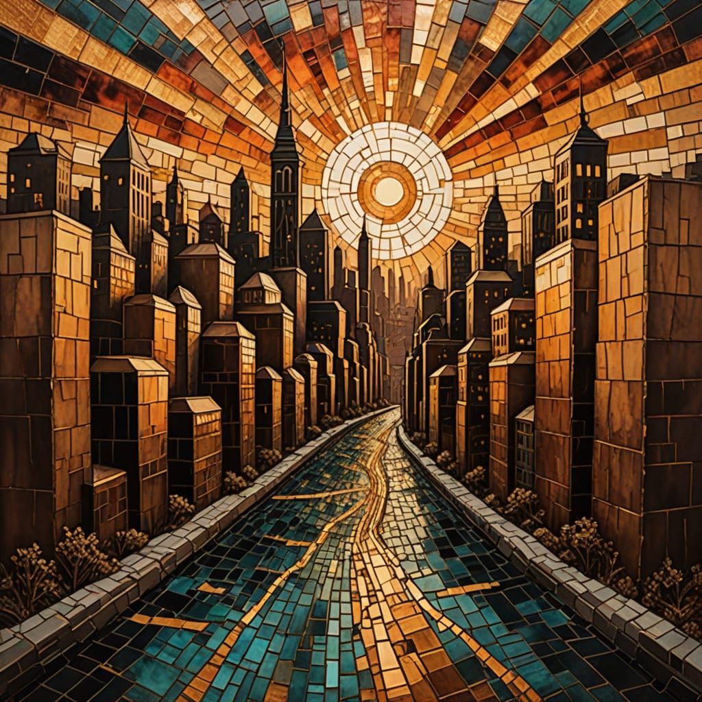 Kintsugi Cityscape at Sunset in Impasto Style