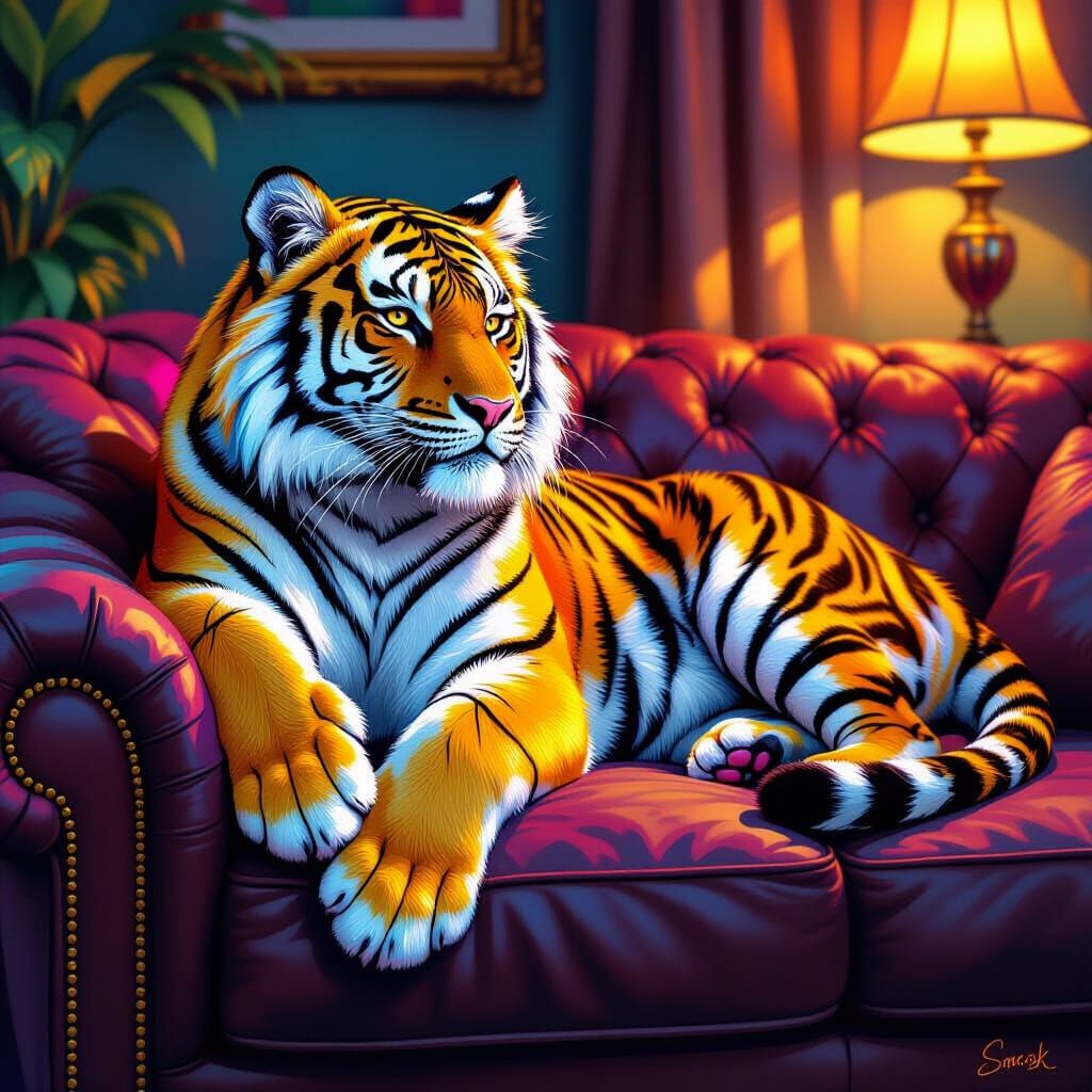 Iridescent Rainbow Tiger Lounging on Plush Couch