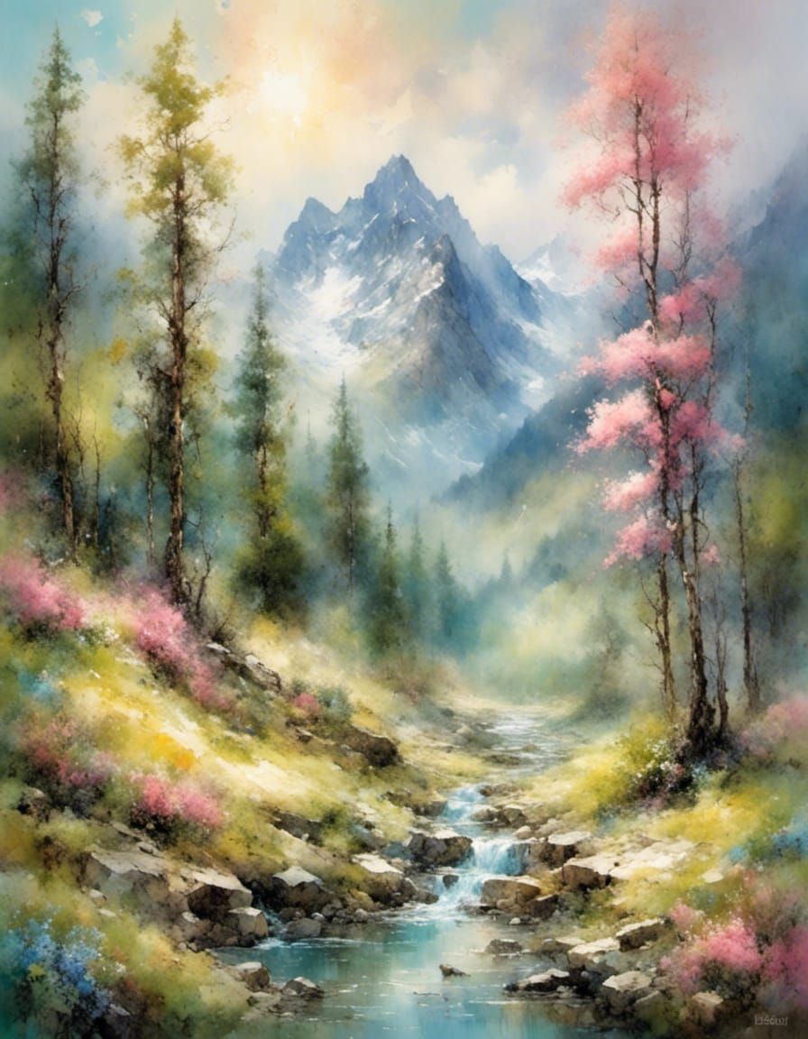 Impressionist Forest Landscape with Stream and Wildflowers