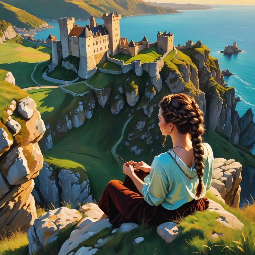 Medieval Woman Gazing at Castle, Romanticism Painting