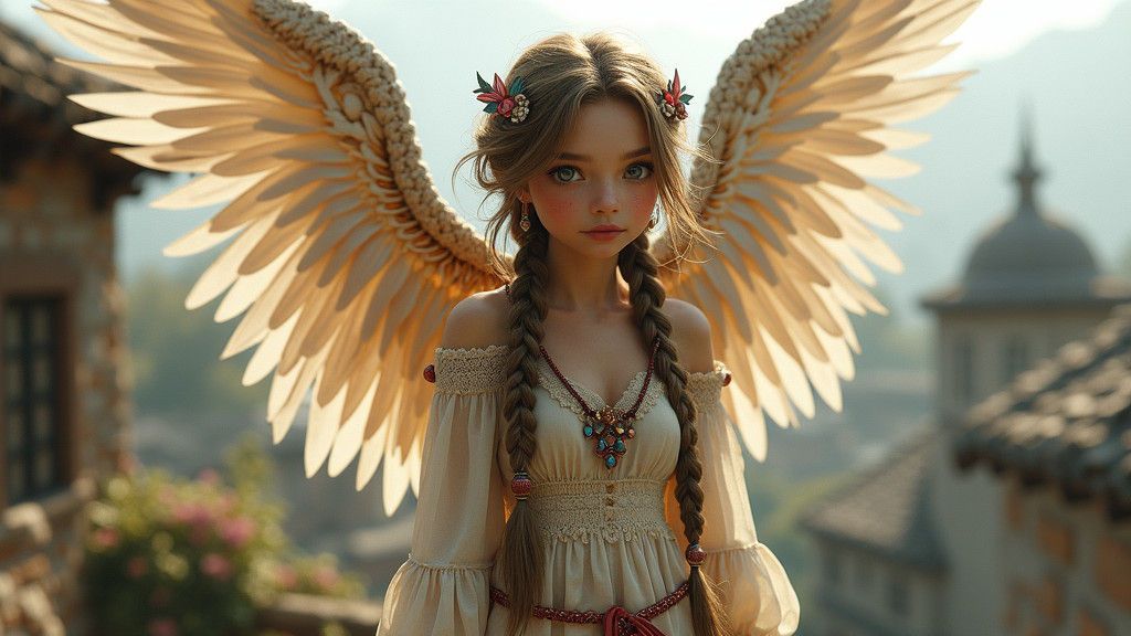 Boho Angel with Feather Wings in Digital Art