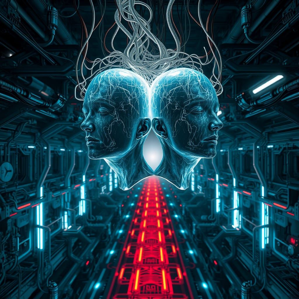 Fused Human Figures in Cyberpunk Labyrinth