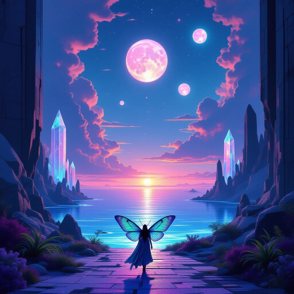 Iridescent Queen Moth on Alien Planet with Five Suns