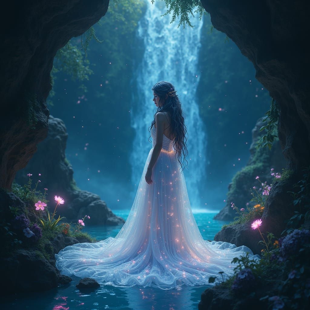 Ethereal Goddess in Bioluminescent Grotto