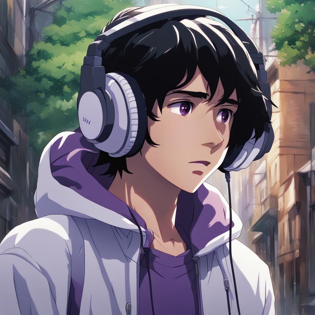 Anime Boy with Purple Eyes in Ghibli Style