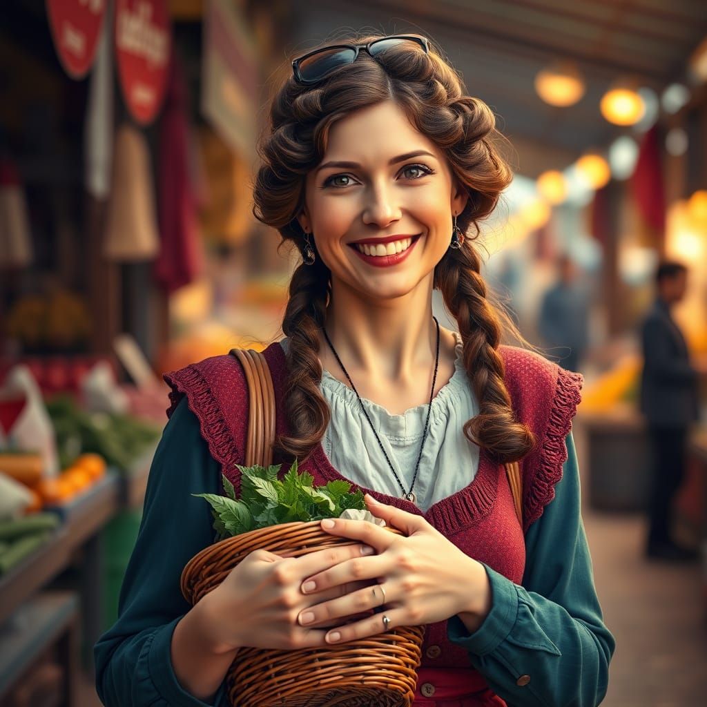 Vintage Tradwife Morning Market Scene in Hyperrealistic Styl...