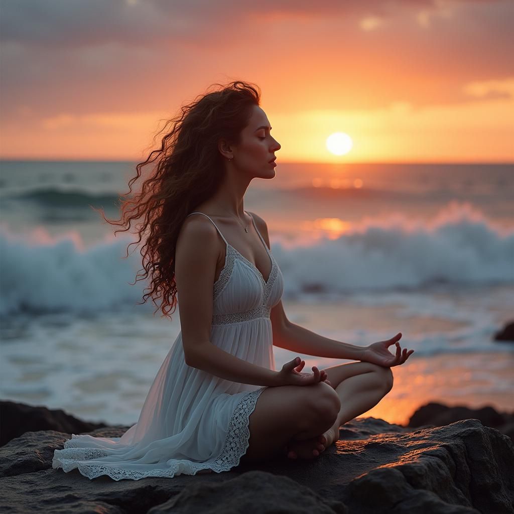 Meditative Woman at Dusk with Text Overlay