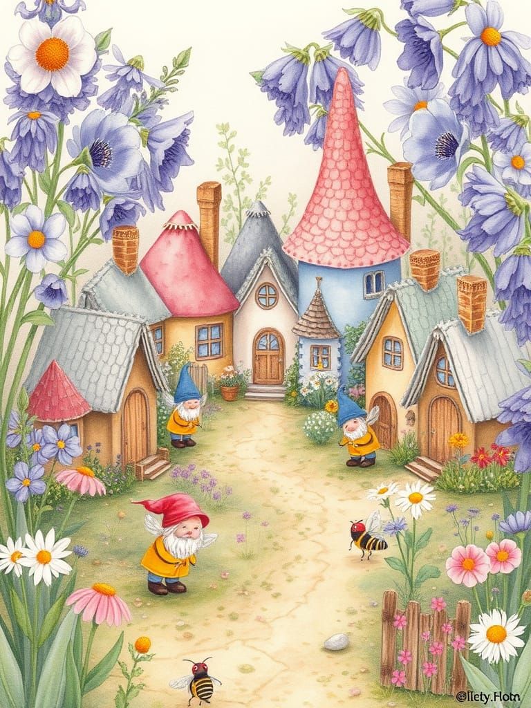 Whimsical Gnome Village in Watercolor Style